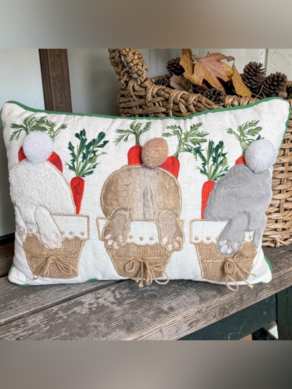 Pier 1 Imports Bunny Garden Lumbar Pillow Easter Decor Fuzzy Cotton Tail